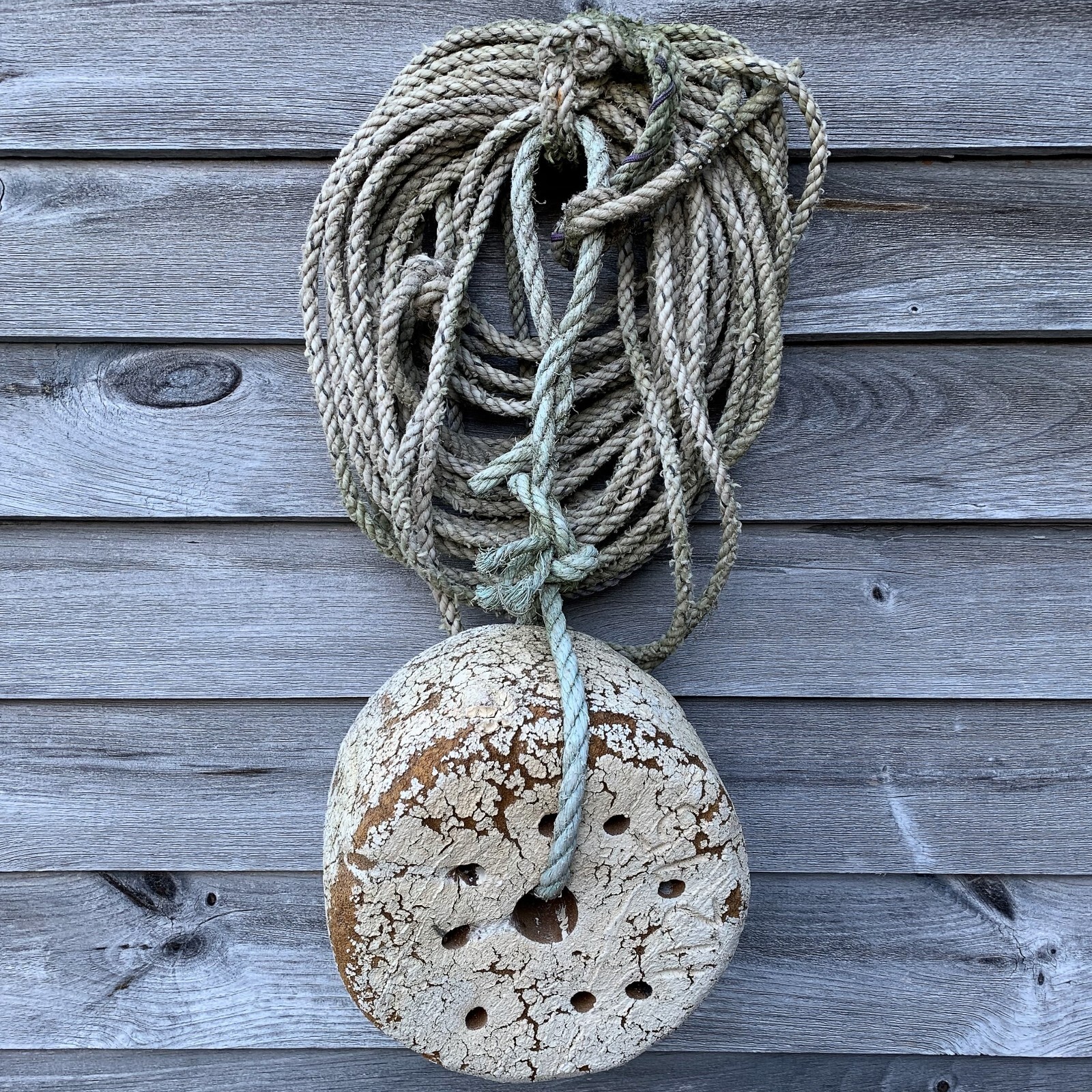 Old Weathered Retired Maine Lobster Boat Trap BUOY + ROPE Nautical