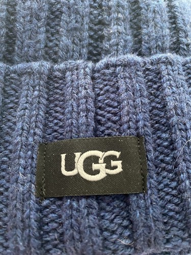 UGG Men's Wool Hat Signature Winter Beanie Ski Knit Navy Blue Ribbed Cuffed NWT - Picture 6 of 8