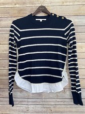 Veronica Beard Ollie Navy White Stripe Ruffle Hem Wool Pullover Sweater