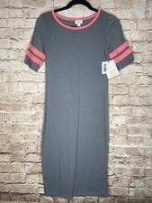 Lularoe Julia Dress XS Gray Pink Ringer Striped Sleeve  Fitted NWT
