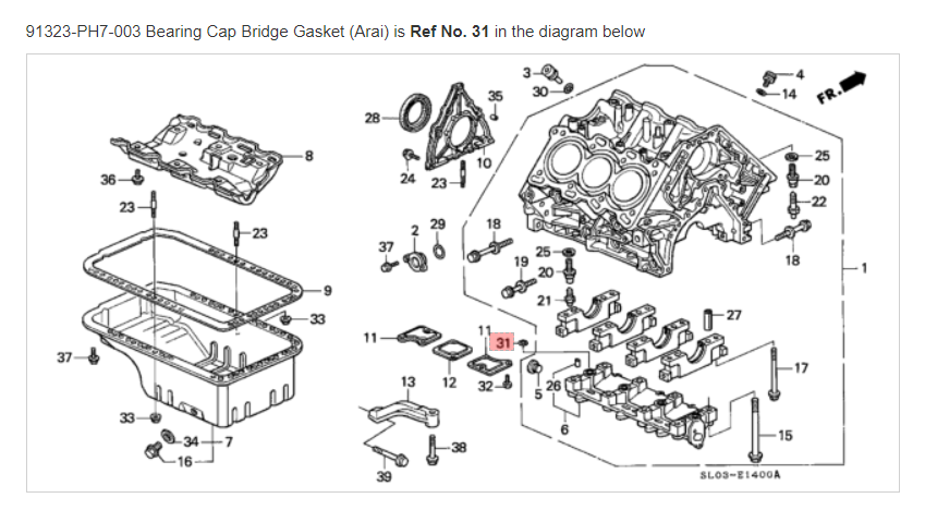 HONDA ACURA GENUINE OEM NSX Bearing Cap Bridge Gasket (Arai) 91323