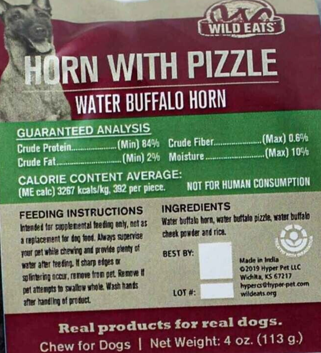 Wild Eats Dog Treat Water Buffalo Horn with Pizzle, Lasting Protein