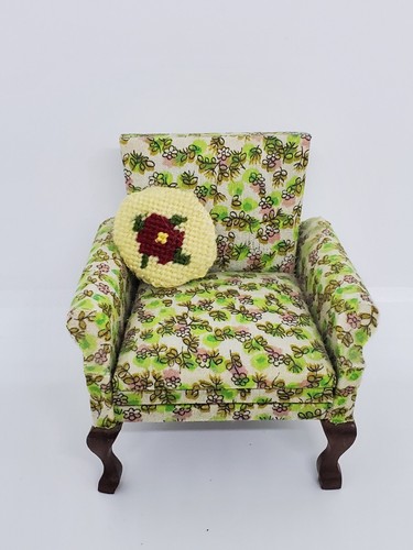 Vintage Sonia Messer Dollhouse Miniature Furniture, Green Floral Armchair  - Picture 1 of 14