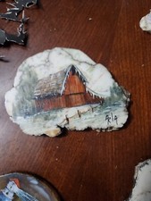 Hand Painted country barn Artwork on Stone Rock Slab Signed by Artist 