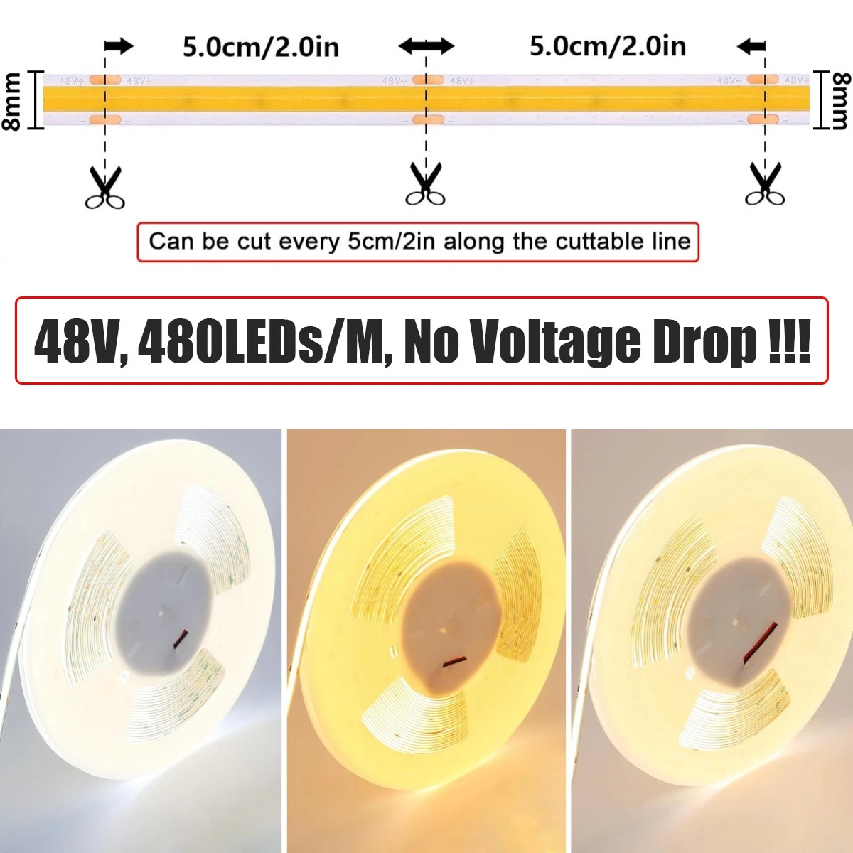 50ft 48V COB LED Light Strip 480LEDs/M Flexible Room Building Floor Car Decor