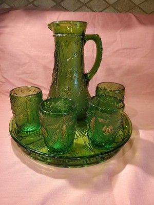 Antique US Glass Delaware Emerald Green Gold Trim Pitcher, 4 Glasses and Tray.