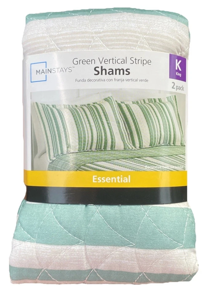 Green Vertical Stripe Shams Essentials 2 pack King Quilted - Image 2 of 4