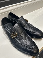 Gucci GG Loafers Men 9 D Black Leather Shoes Italy Slip-On