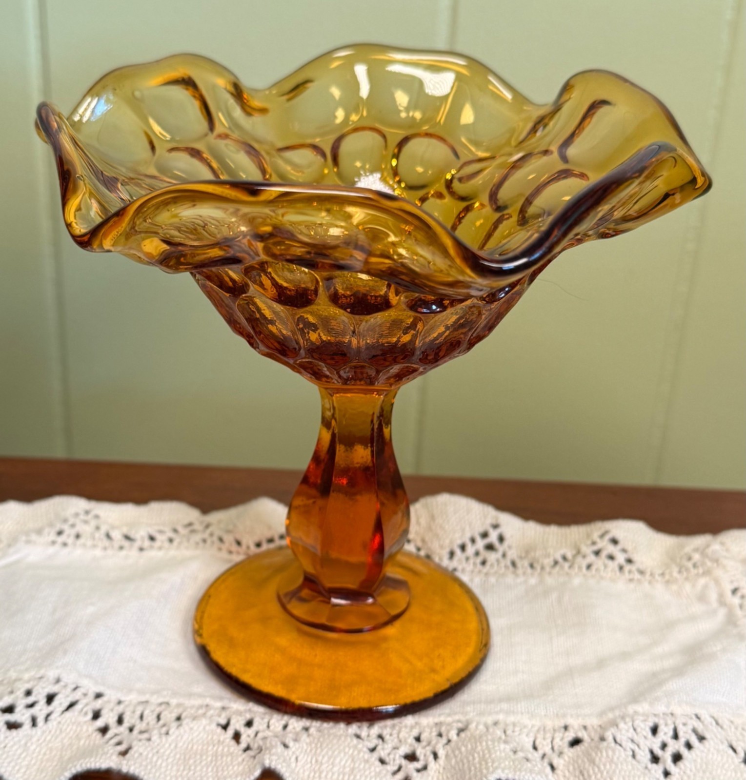Vintage Fenton Amber Thumbprint Pattern Glass Pedestal Compote With Scalloped Ri