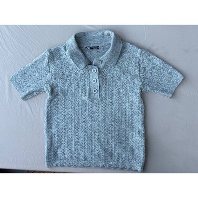 Zara Kids Grey Pointelle Knit Polo Shirt Short Sleeve Chevron Pattern Size S