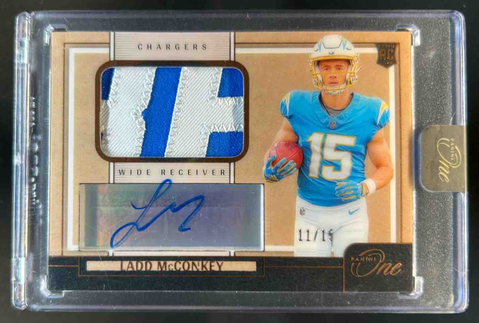 2024 Panini One Ladd McConkey Premium Rookie Patch Auto Bronze Rookie RC #11/15
