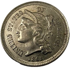 1865 3 cent nickel 3CN- UNC Details DDO Variety Double Die Obv. US Type Coin