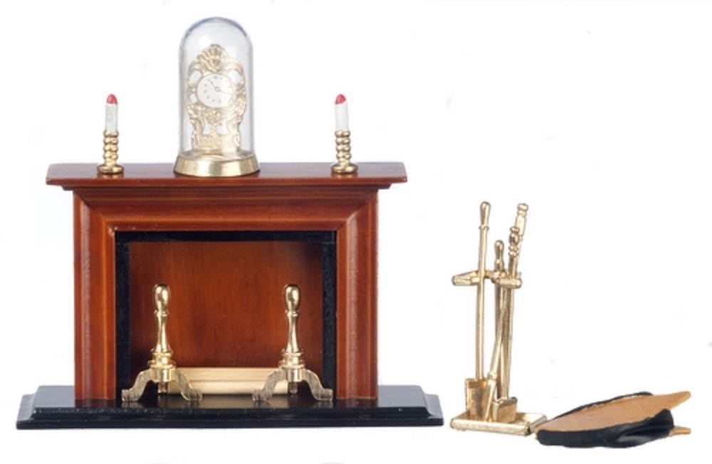 Dolls House Walnut Victorian Fireplace with Fireside Ornaments Miniature 1:12