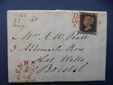 QV 1840 1d black 4 margins with Red MC on 1840 cover early usage 22 May - rf966
