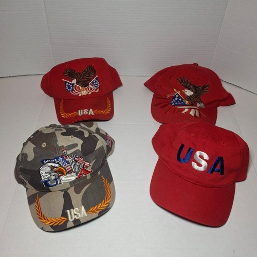 Lot of 4 USA Patriotic Baseball Caps Mens Red Camo Eagle Flag Americana Hats