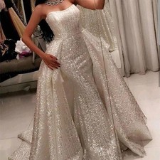 Sparkly Sequined Sleeveless Mermaid Wedding Dresses with Detachable Skirt Gowns