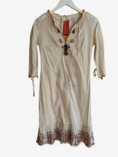 Muchacha White Embroidered Beaded V-Neck Shift Dress 3/4 Sleeve Size S