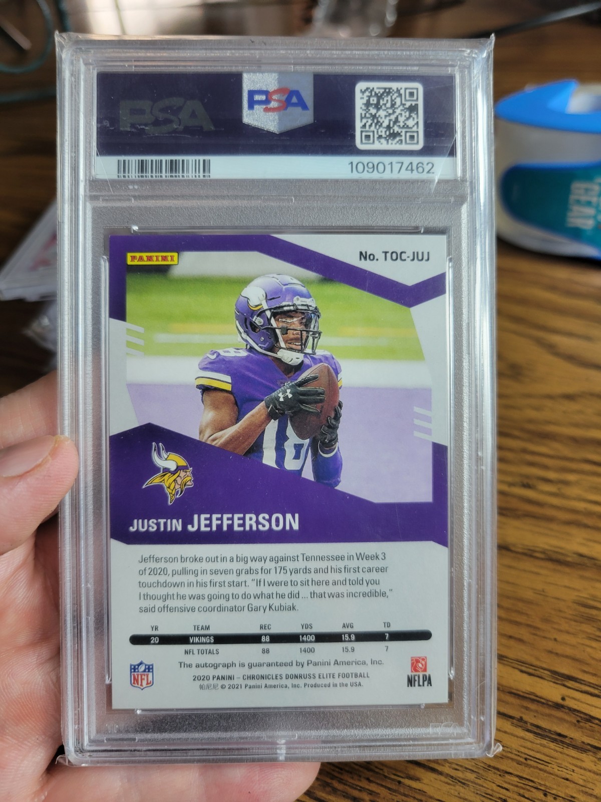 2020 Chronicles Turn of the Century Rookie AutoJustin Jefferson Red #/99 PSA 9 view 2