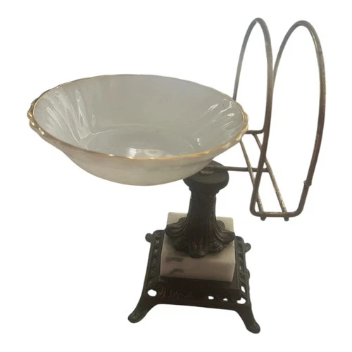 Vtg Soap Dish Towel Razor Holder Stand Marble Brass Base Milk Glass Pedestal MCM