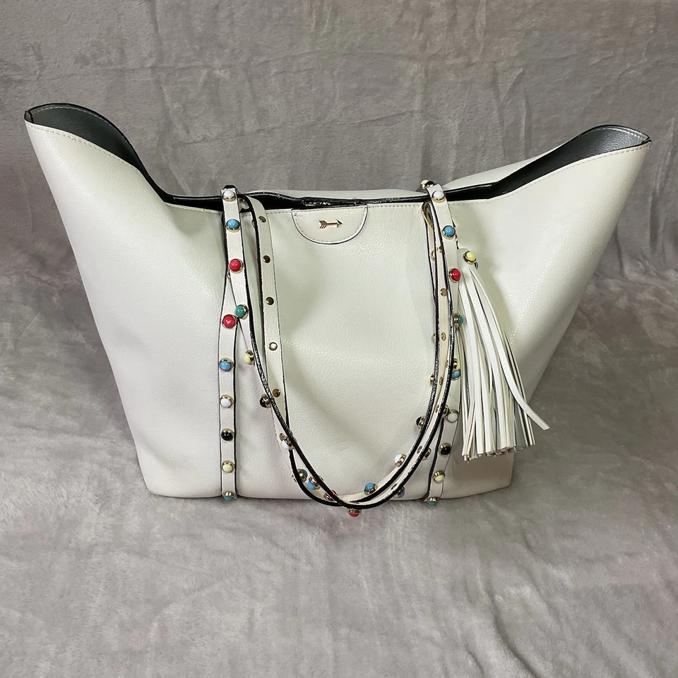 Gianni Bini Tote Bag Handbag Pebbled Faux Leather Tassel Stone Accents Summer - Image 2 of 4