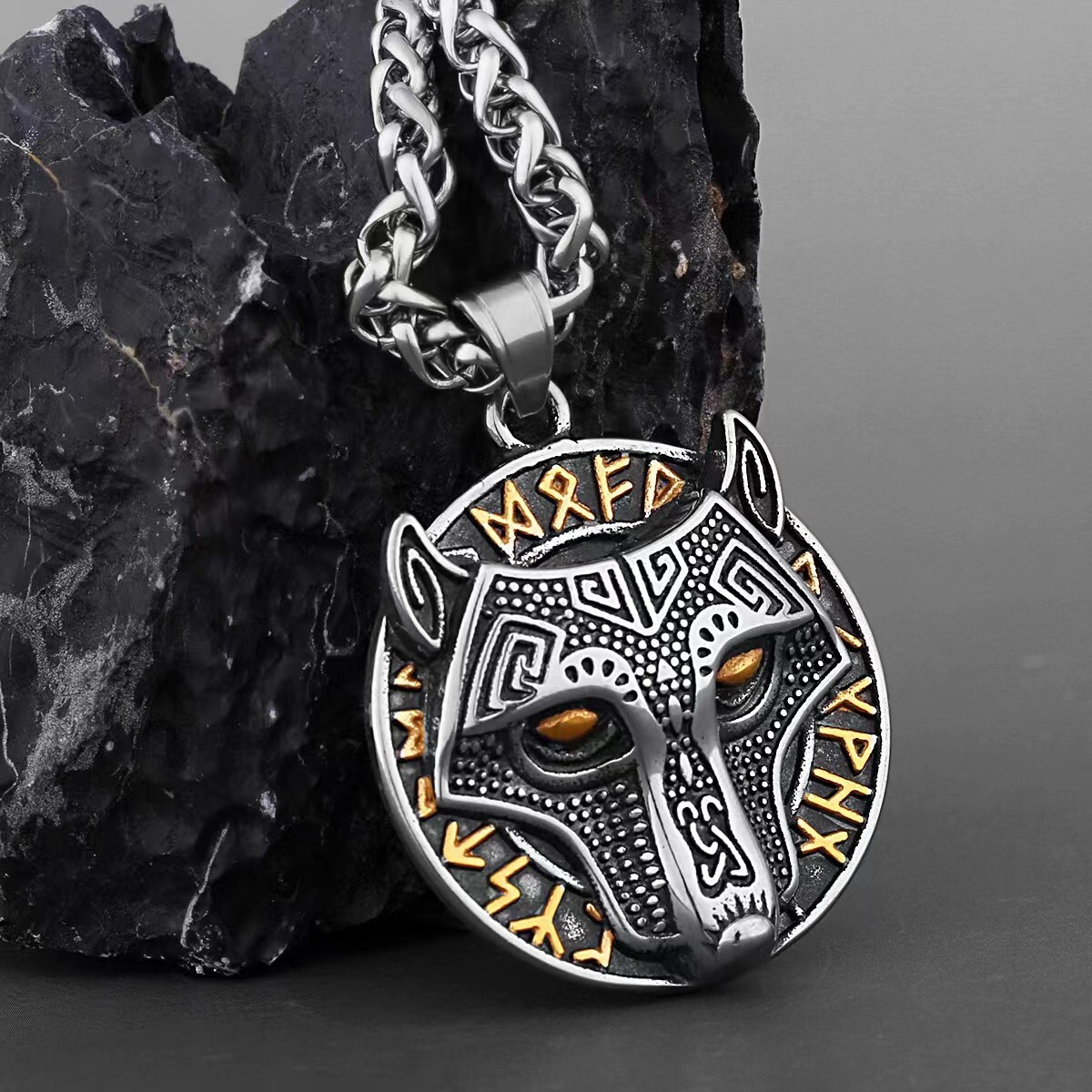 Viking Celtic Gold Wolf Head Pendant Necklace Men's Stainless