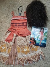 Disney Moana 3pc Girls Child Youth Costume Sz Med 8-10 Dress Wig Necklace Aulani