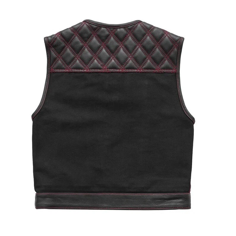 Men’s Biker Vest Or Hunt Club Leather Diamond Quilted Motorcycle Vest Black Red - Image 4 of 4