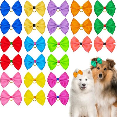 JpGdn 24PCS Big Dog Hair Bows for Large Dog Solid Color Pink Bule Red Purple 