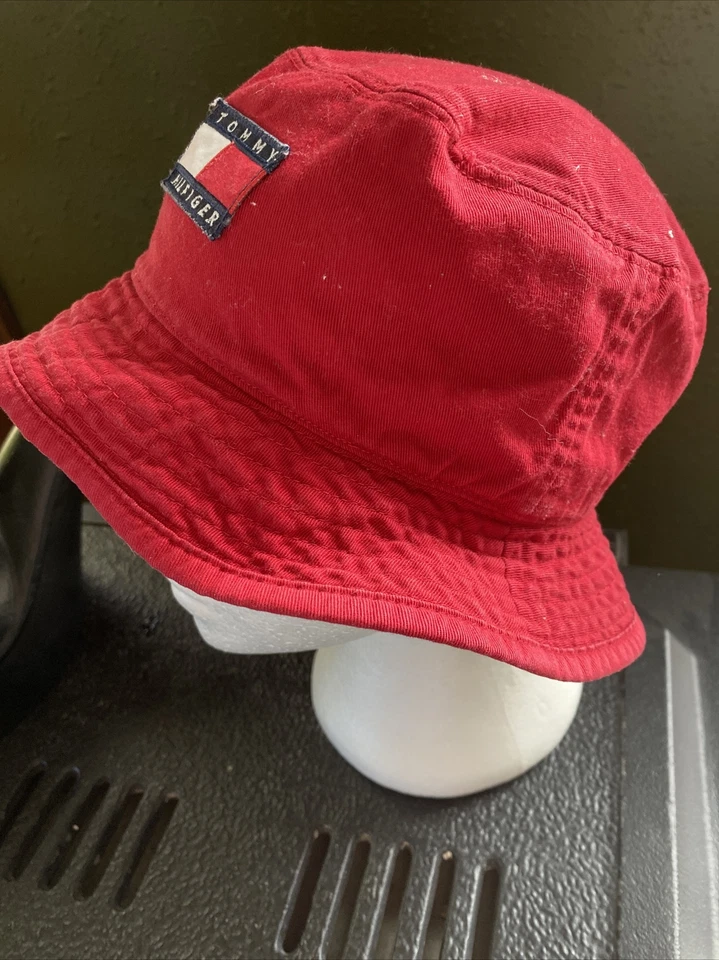 RARE Vintage TOMMY HILFIGER Flag Logo Khaki Reverses to Red Bucket Hat Adult S/M - Image 4 of 4