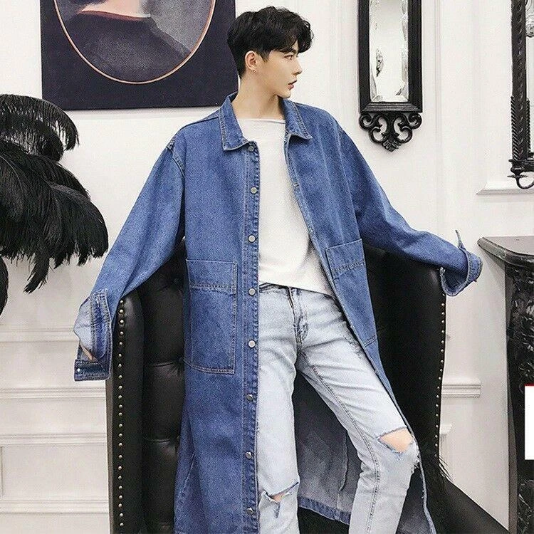 Mens Denim Jacket Knee Length Long Outwear Trench Coat Loose