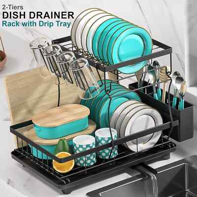 TIER KITCHEN SINK DISH DRAINER RACK WITH DRIP TRAY CUTLERY HOLDER PLATE  RACK UK
