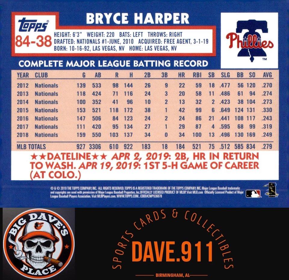 Bryce Harper 2019 Topps Update 1984 Topps Baseball #84-38 Philadelphia Phillies - Image 2 of 2