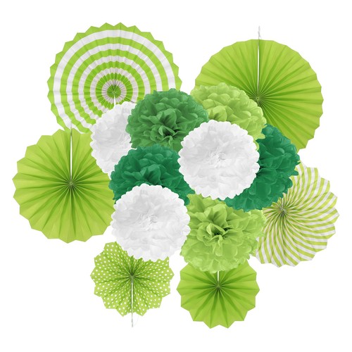 Hanging Paper Fans Set Paper Flower Decorations for Party Birthday Green(14pcs)