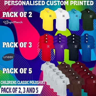 2er, 3er & 5er Pack Uneek Kinder klassisches Poloshirt bedruckt Jungen & Mädchen Tops