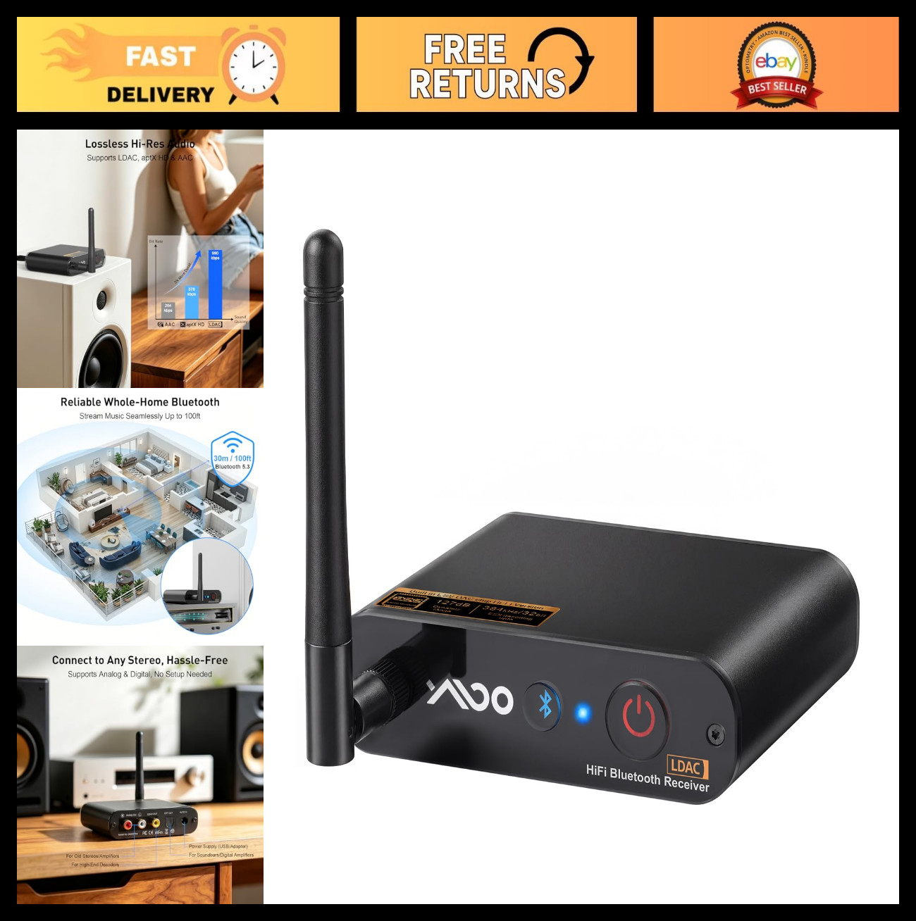 Bluetooth 5.3 Receiver for Home Stereo - Audiophile DAC, High-Fidelity Sound