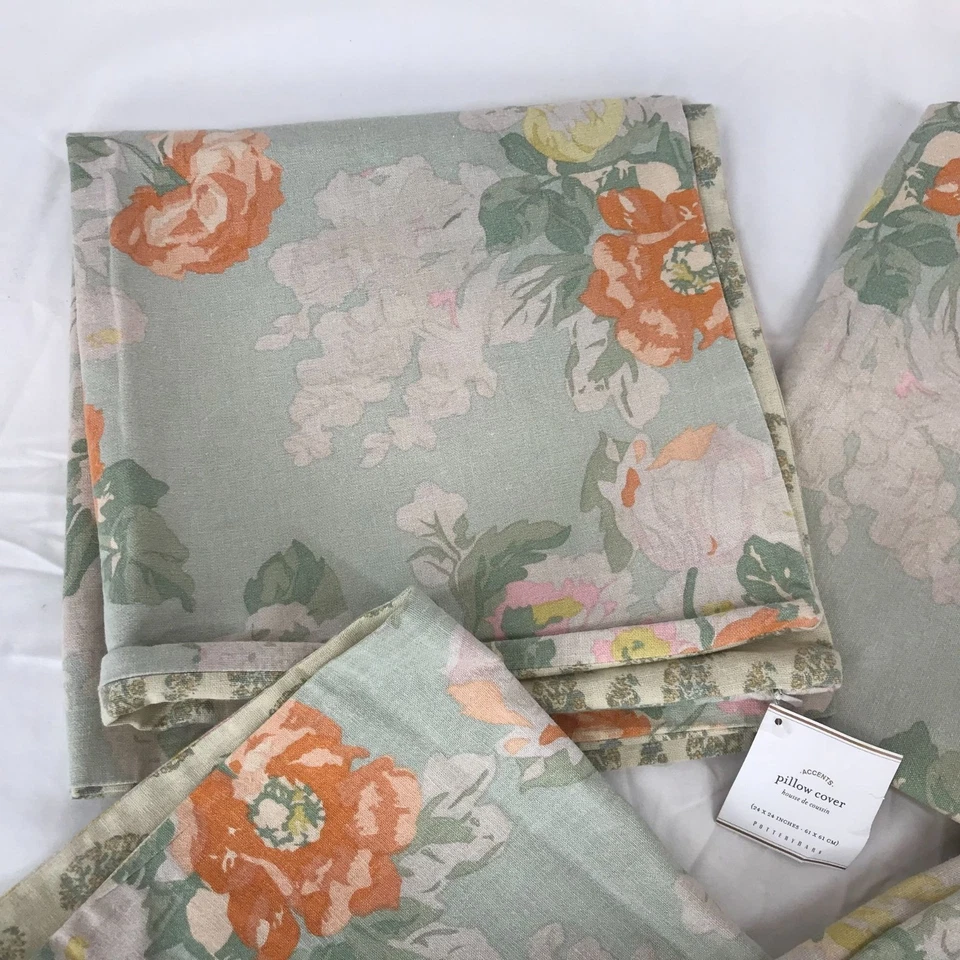 POTTERYBARN ~ ELORA FUNDA DE ALMOHADA MEZCLA DE LINO FLORAL LOTE DE 4 ~ 24" Foto 2 de 4