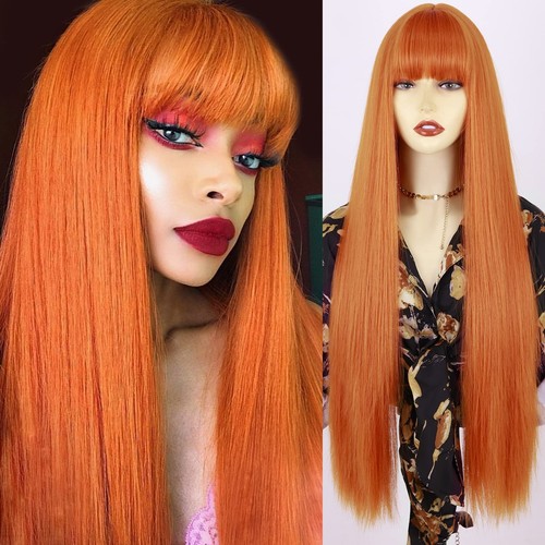 Long Orange Wig with Bangs,Straight Orange Wigs for Women,30 Inch Cosplay Lon...