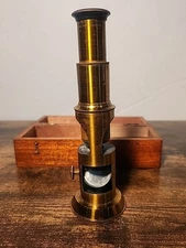 Vintage Microscope Brass Incomplete With Wooden Box (228)