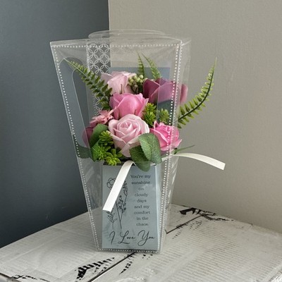 Artificial Rose Flower Box Pink Green Silk Centerpiece in Gift Box