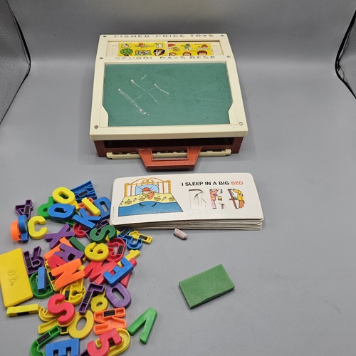 Vintage Fisher Price School Days Desk Chalk Magnetic Letters Stencils 1972
