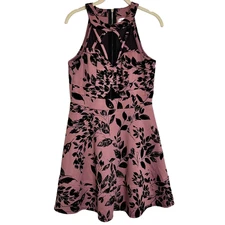 Honey & Rosie Juniors Dress Large Pink Leaf Print Sleeveless Black Velvet Accent