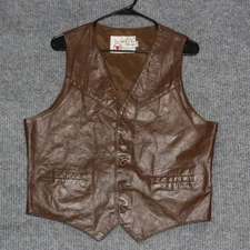 Vintage 70s The Leather Shop Mens Brown Leather Vest 44 Western Cowboy Style