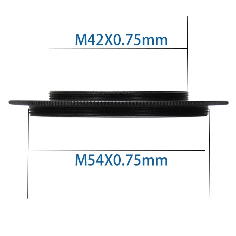 Black metal M42 to M54 male thread adapter with smooth finish, shown beside white dimensions in millimeters.