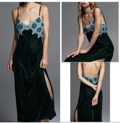 Zara Long Emerald Green Velvet Crochet Dress Women's Size L NWT | eBay