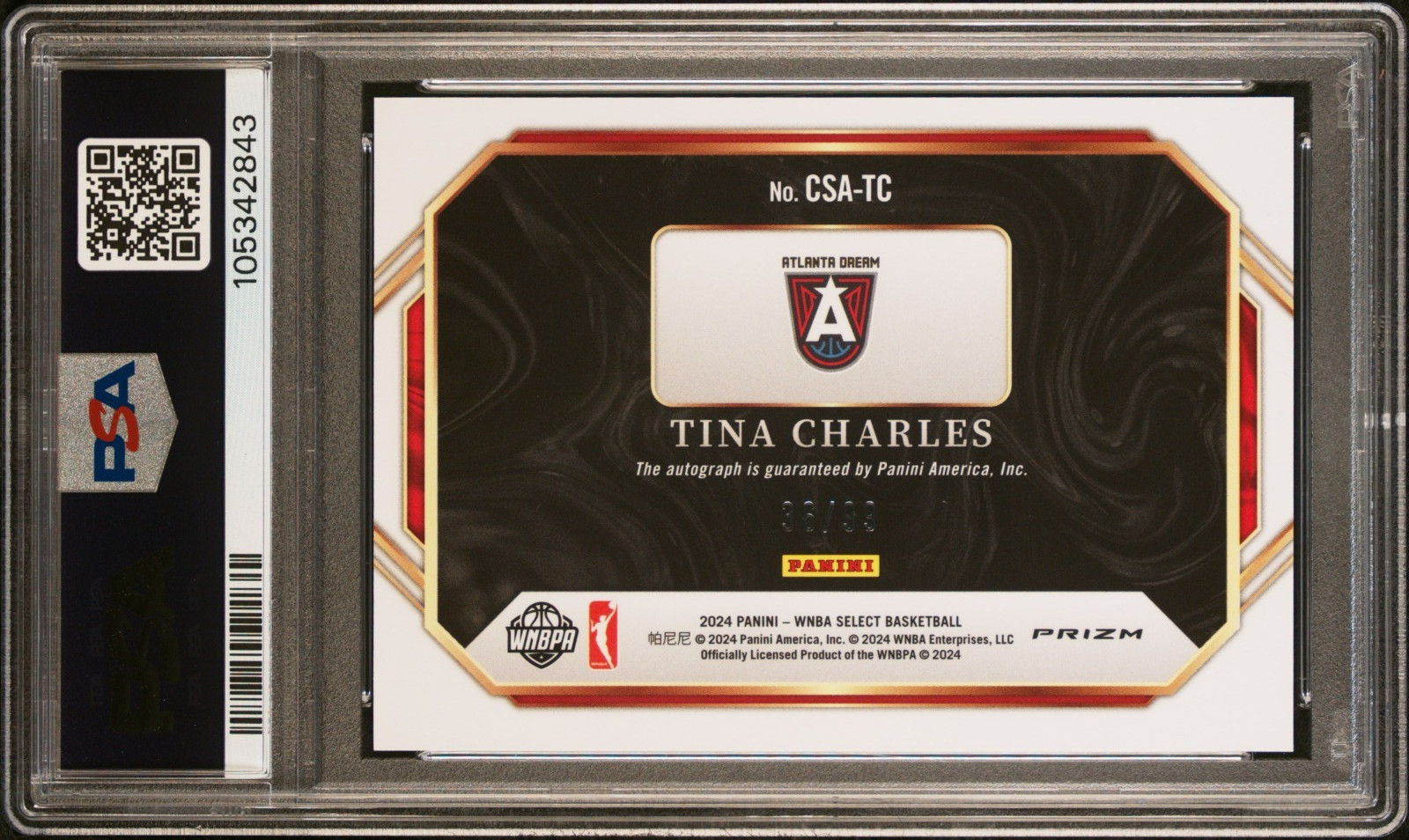 2024 Panini Select WNBA Courtside Action Red Prizm Tina Charles Auto /99 PSA 10 view 2