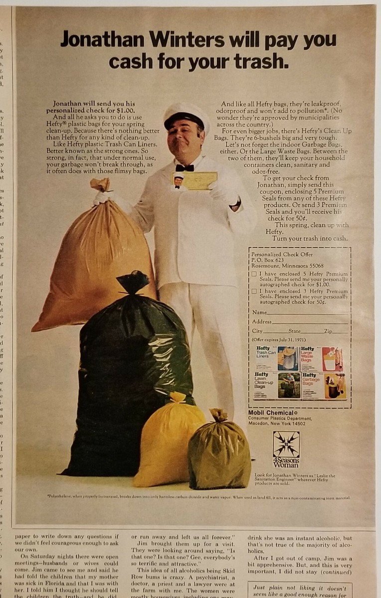 Vintage HEFTY Trash Bags 1971 Large Magazine Ad w/ JONATHAN WINTERS Check Offer | eBay vintage-hefty-trash-bags-1971-large-magazine-ad-w-jonathan-winters-check-offer-ebay
