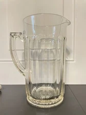 Vintage Heavy Clear Glass Pitcher Ribbed Panel Sides Starburst Bottom