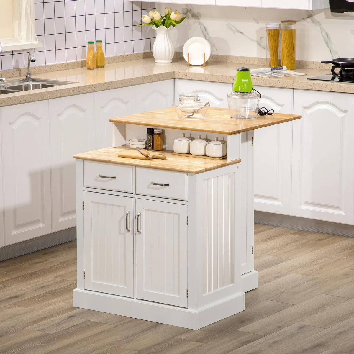 2-Level Kitchen Island with Storage Cabinet, Butcher Block Countertop,  Drawers