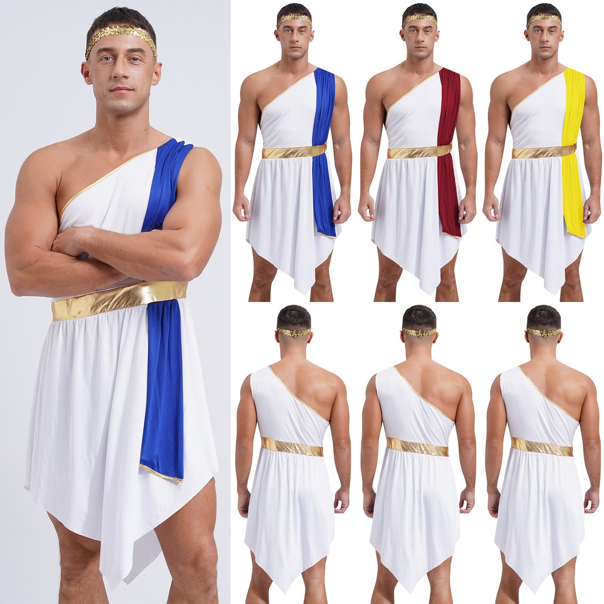 Men Toga Trim Dress Up Theme Dresses With Headband Roman Robe God Uniform Party Men Toga Trim Dress Up Theme Dresses With Headband Roman Robe God Uniform Party