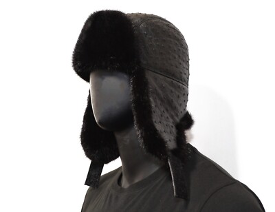 Men's ZILLI Ostrich Leather Trapper Hat Ushanka ORSO M 59CM Black Authentic